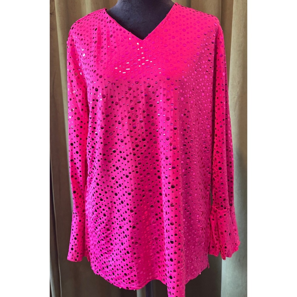 Anthony‎ Mark Hankins Hot Pink Metallic Polka Dot V-Neck Bell Sleeve Tunic Top L